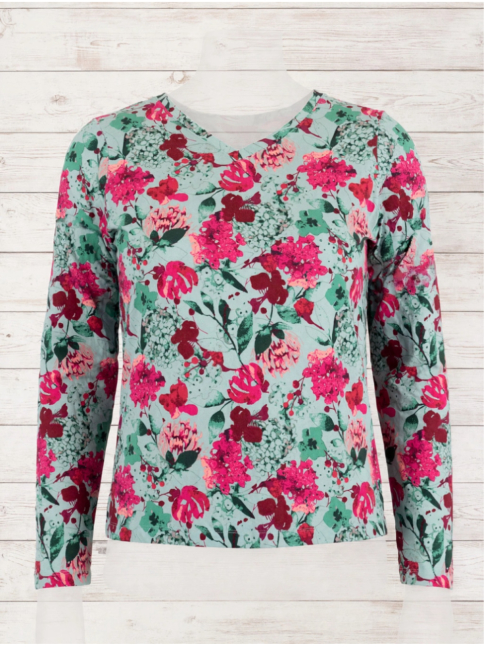 Women's D&Co. Long Sleeve Floral Tee, Size 1X, Blue and Pink
